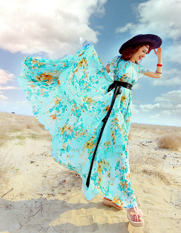 Dresses Summer Girls Short Sleeved Tunic Printed Beach Long Bohemian - Blue