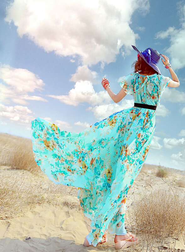 Dresses Summer Girls Short Sleeved Tunic Printed Beach Long Bohemian - Blue
