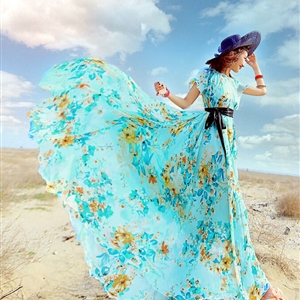 Dresses Summer Girls Short Sleeved Tunic Printed Beach Long Bohemian - Blue
