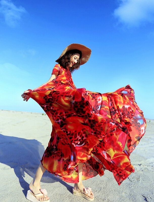 Dresses Summer Girls Short Sleeved Tunic Printed Beach Long Bohemian - Red