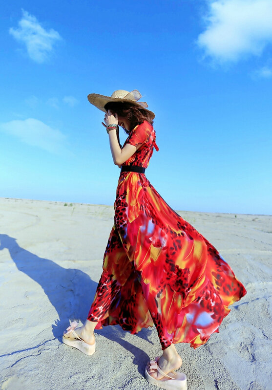 Dresses Summer Girls Short Sleeved Tunic Printed Beach Long Bohemian - Red