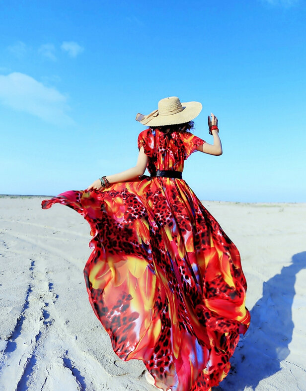 Dresses Summer Girls Short Sleeved Tunic Printed Beach Long Bohemian - Red