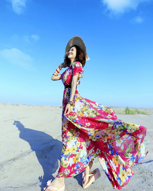 Dresses Summer Girls Short Sleeved Tunic Printed Beach Long Bohemian - Rose