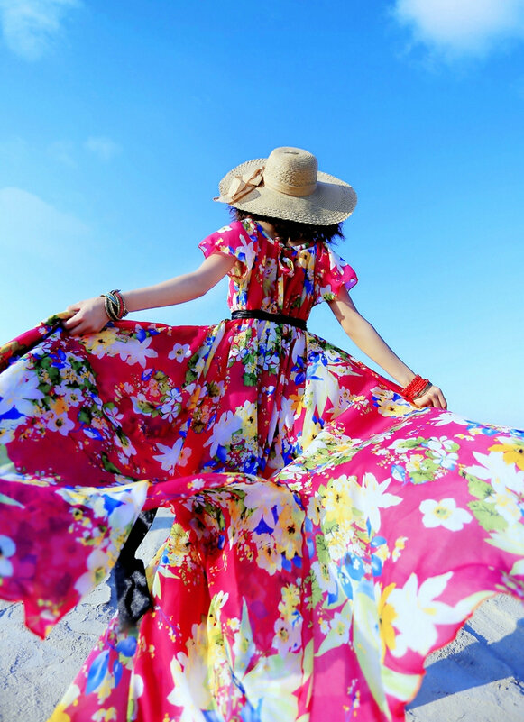 Dresses Summer Girls Short Sleeved Tunic Printed Beach Long Bohemian - Rose