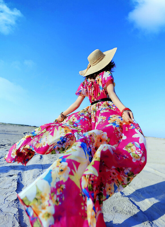 Dresses Summer Girls Short Sleeved Tunic Printed Beach Long Bohemian - Rose
