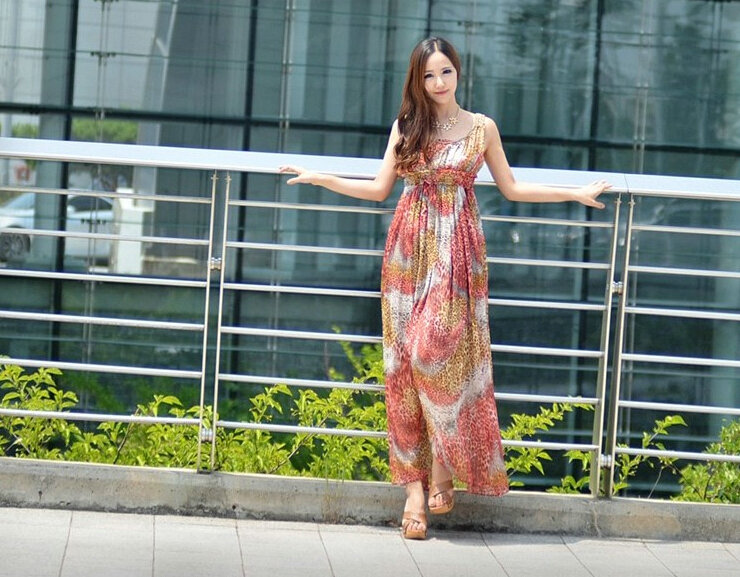 Dresses Summer Women Bohemian Beach Long Chiffon Leopard Print - Red