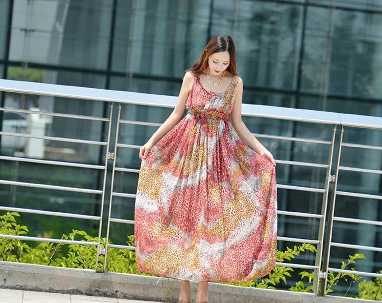 Dresses Summer Women Bohemian Beach Long Chiffon Leopard Print - Red