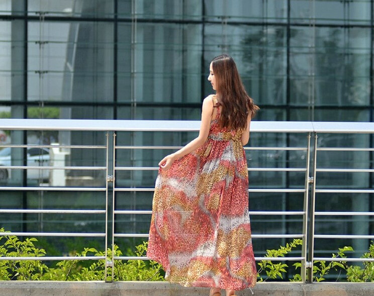 Dresses Summer Women Bohemian Beach Long Chiffon Leopard Print - Red