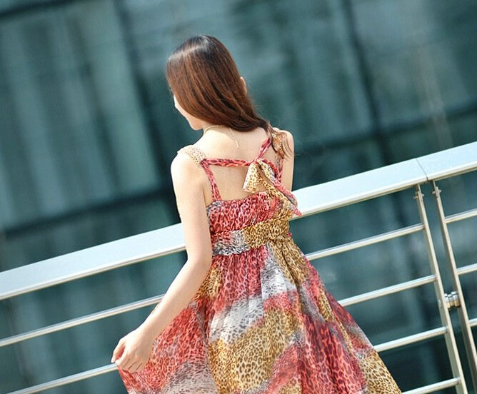 Dresses Summer Women Bohemian Beach Long Chiffon Leopard Print - Red