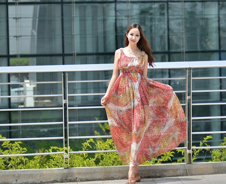 Dresses Summer Women Bohemian Beach Long Chiffon Leopard Print - Red