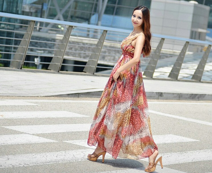 Dresses Summer Women Bohemian Beach Long Chiffon Leopard Print - Red