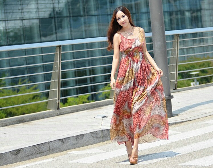 Dresses Summer Women Bohemian Beach Long Chiffon Leopard Print - Red