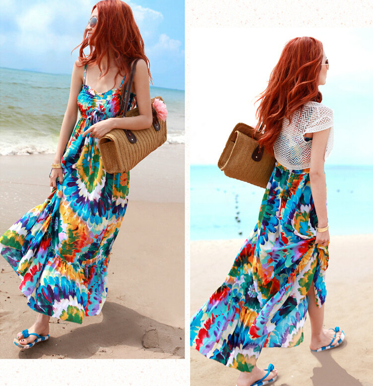 Dresses Summer Women Bohemian Printed Beach Long Chiffon Sundresses - Blue
