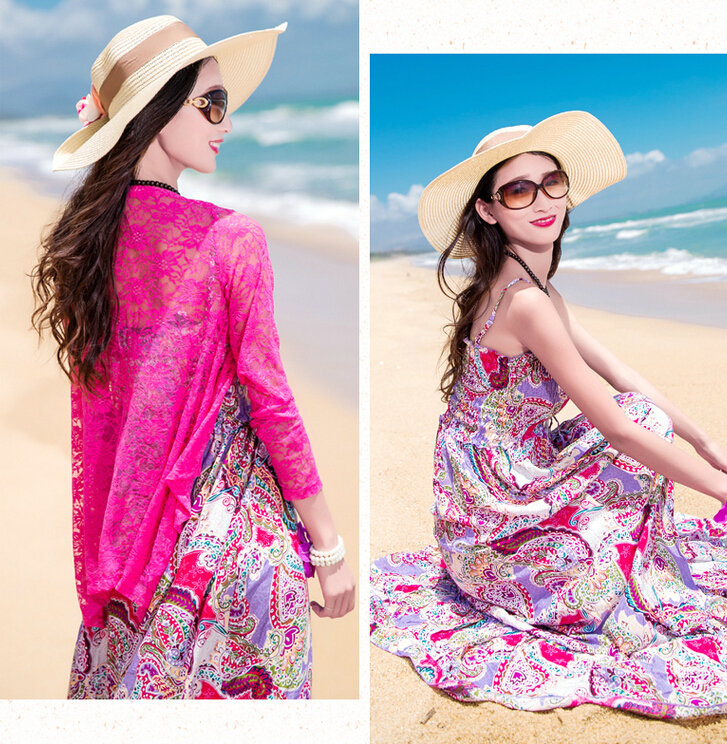 Dresses Summer Women Bohemian Printed Beach Long Chiffon Sundresses - Purple