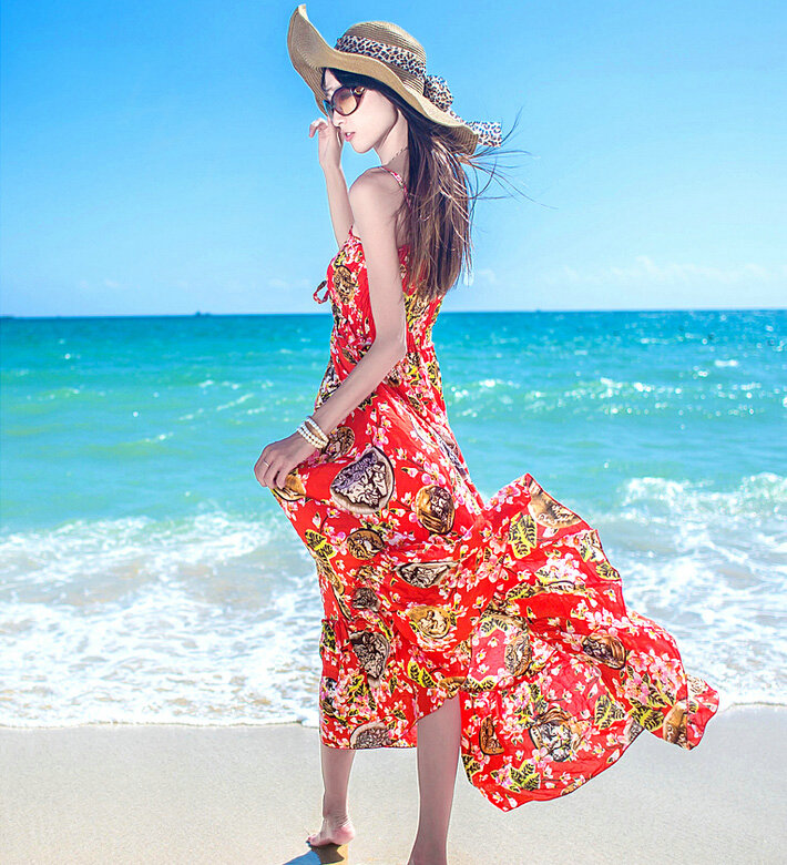 Dresses Summer Women Bohemian Printed Beach Long Chiffon Sundresses - Red