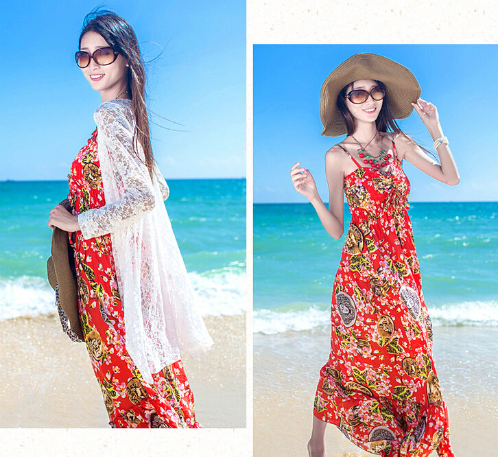 Dresses Summer Women Bohemian Printed Beach Long Chiffon Sundresses - Red