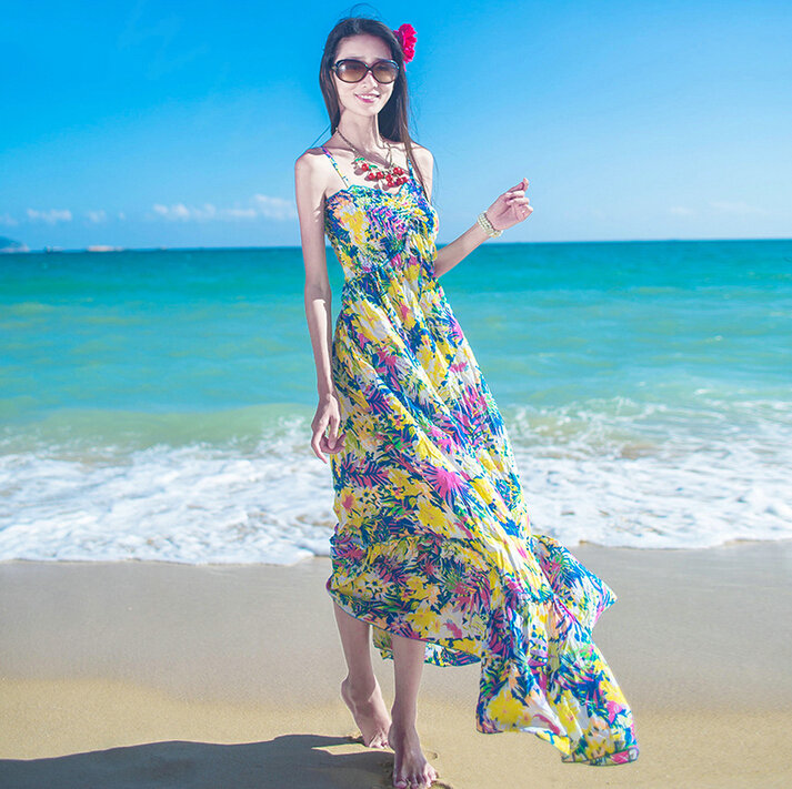 Dresses Summer Women Bohemian Printed Beach Long Chiffon Sundresses - Yellow
