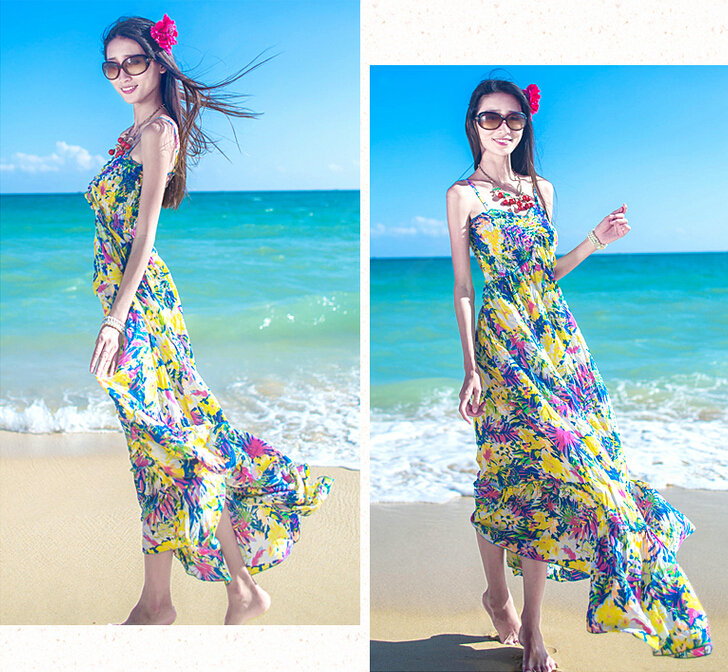 Dresses Summer Women Bohemian Printed Beach Long Chiffon Sundresses - Yellow