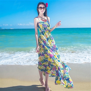 Dresses Summer Women Bohemian Printed Beach Long Chiffon Sundresses - Yellow
