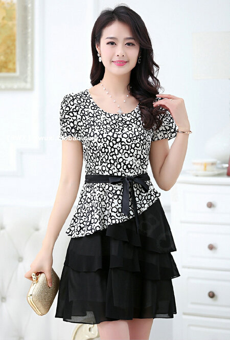 Dresses Summer Women Bowknot Leopard Print Ruffle Silk Plus Size - White Black