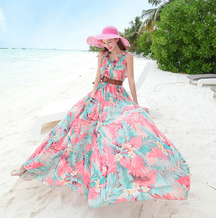 Dresses Summer Women Large Pendulum Printed Beach Long Chiffon Bohemian - Blue Pink