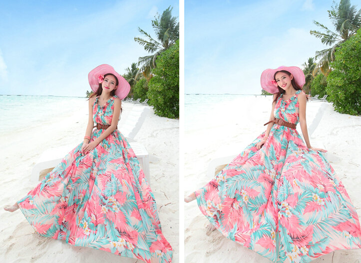 Dresses Summer Women Large Pendulum Printed Beach Long Chiffon Bohemian - Blue Pink