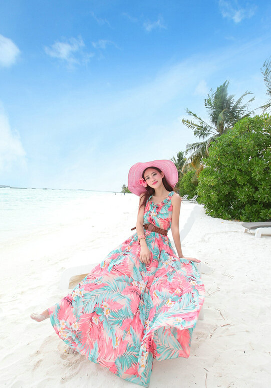 Dresses Summer Women Large Pendulum Printed Beach Long Chiffon Bohemian - Blue Pink