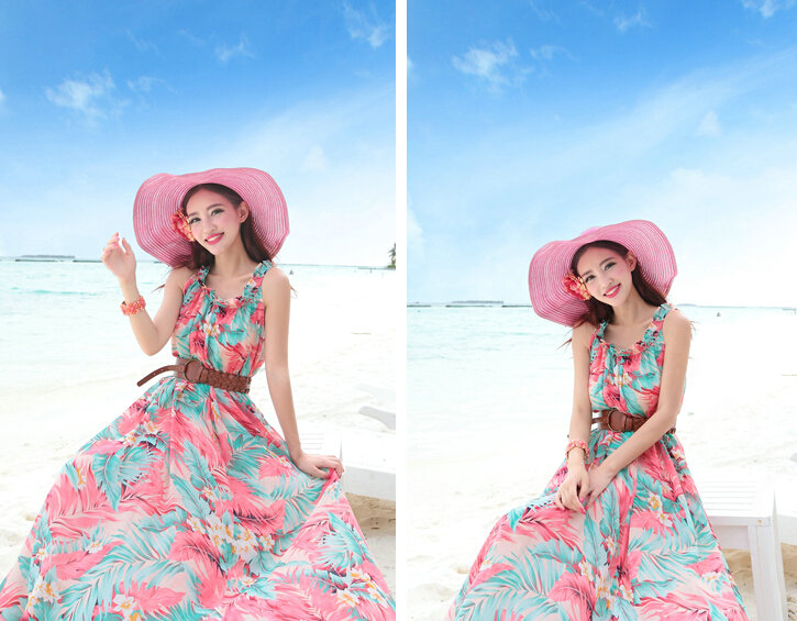 Dresses Summer Women Large Pendulum Printed Beach Long Chiffon Bohemian - Blue Pink