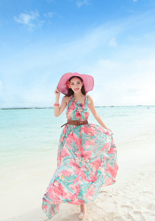 Dresses Summer Women Large Pendulum Printed Beach Long Chiffon Bohemian - Blue Pink
