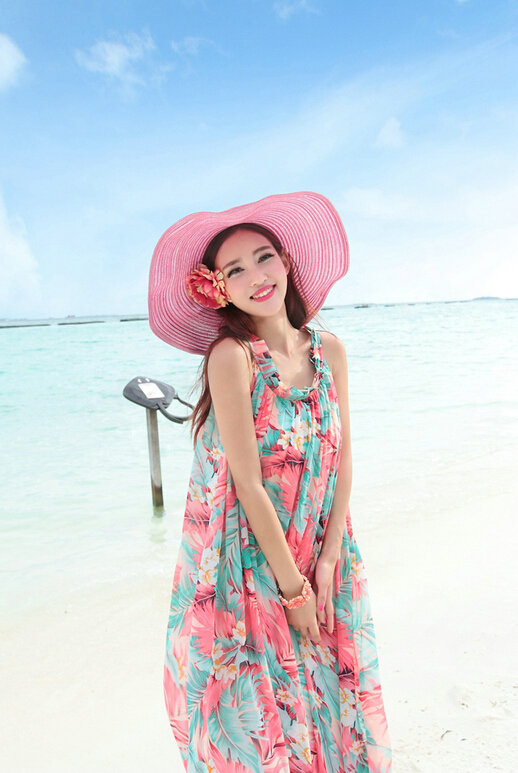 Dresses Summer Women Large Pendulum Printed Beach Long Chiffon Bohemian - Blue Pink