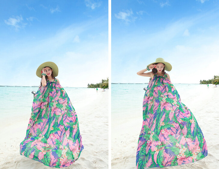Dresses Summer Women Large Pendulum Printed Beach Long Chiffon Bohemian - Green Pink