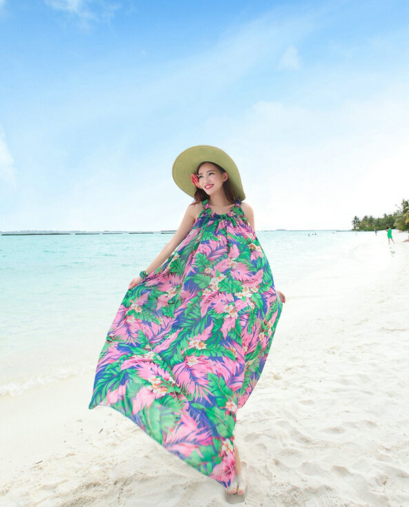 Dresses Summer Women Large Pendulum Printed Beach Long Chiffon Bohemian - Green Pink