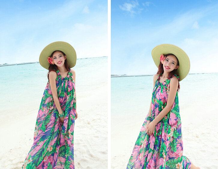 Dresses Summer Women Large Pendulum Printed Beach Long Chiffon Bohemian - Green Pink