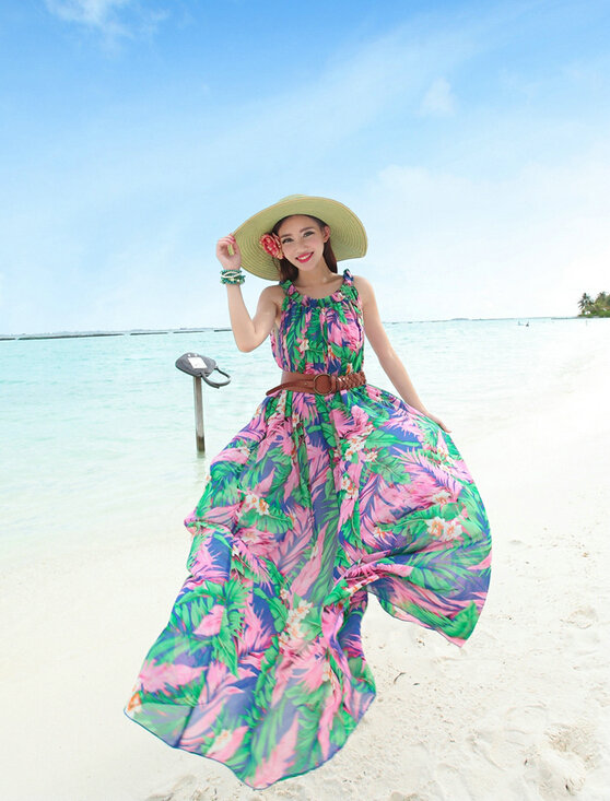 Dresses Summer Women Large Pendulum Printed Beach Long Chiffon Bohemian - Green Pink