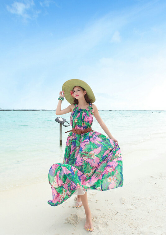 Dresses Summer Women Large Pendulum Printed Beach Long Chiffon Bohemian - Green Pink