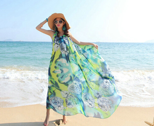 Dresses Summer Women Large Pendulum Printed Beach Long Chiffon Bohemian - Green