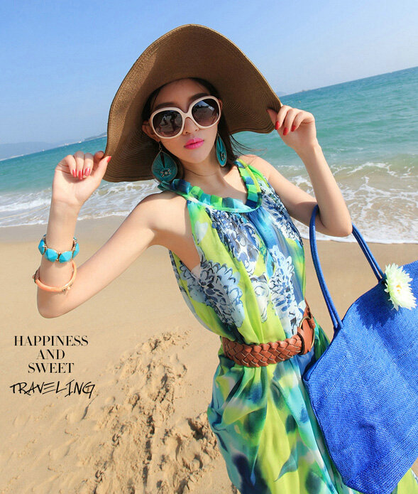 Dresses Summer Women Large Pendulum Printed Beach Long Chiffon Bohemian - Green