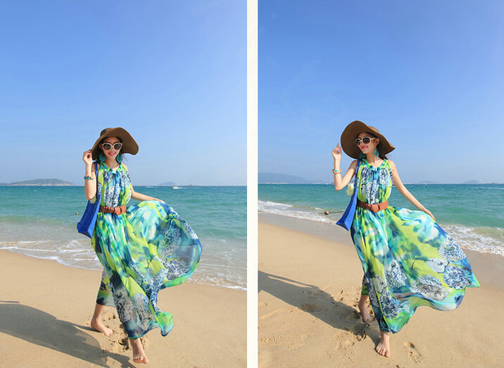 Dresses Summer Women Large Pendulum Printed Beach Long Chiffon Bohemian - Green
