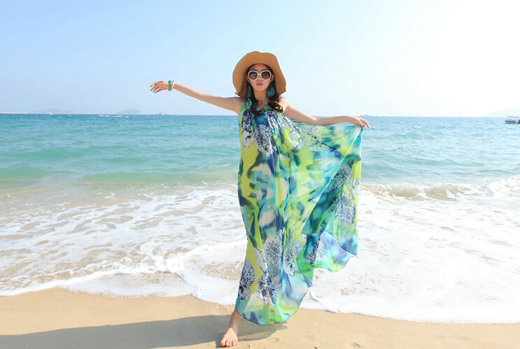 Dresses Summer Women Large Pendulum Printed Beach Long Chiffon Bohemian - Green