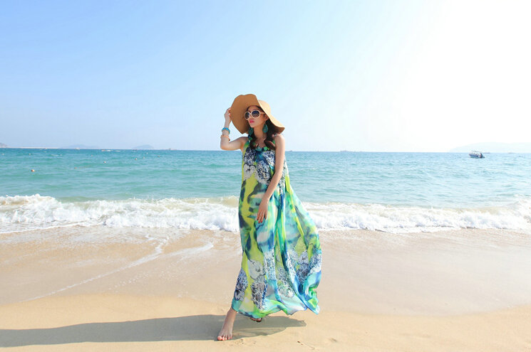 Dresses Summer Women Large Pendulum Printed Beach Long Chiffon Bohemian - Green