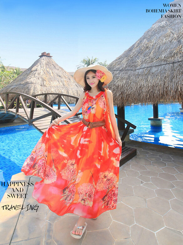 Dresses Summer Women Large Pendulum Printed Beach Long Chiffon Bohemian - Red