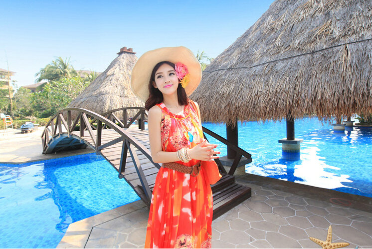 Dresses Summer Women Large Pendulum Printed Beach Long Chiffon Bohemian - Red