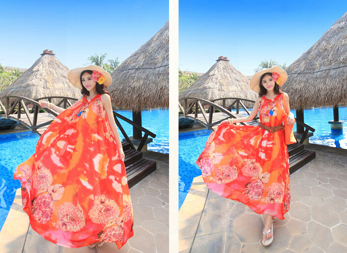 Dresses Summer Women Large Pendulum Printed Beach Long Chiffon Bohemian - Red