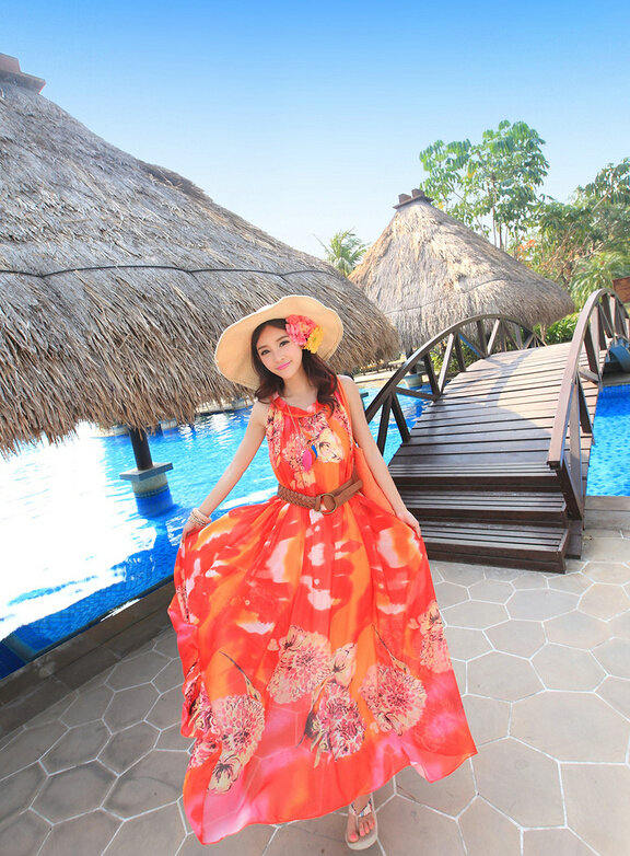 Dresses Summer Women Large Pendulum Printed Beach Long Chiffon Bohemian - Red