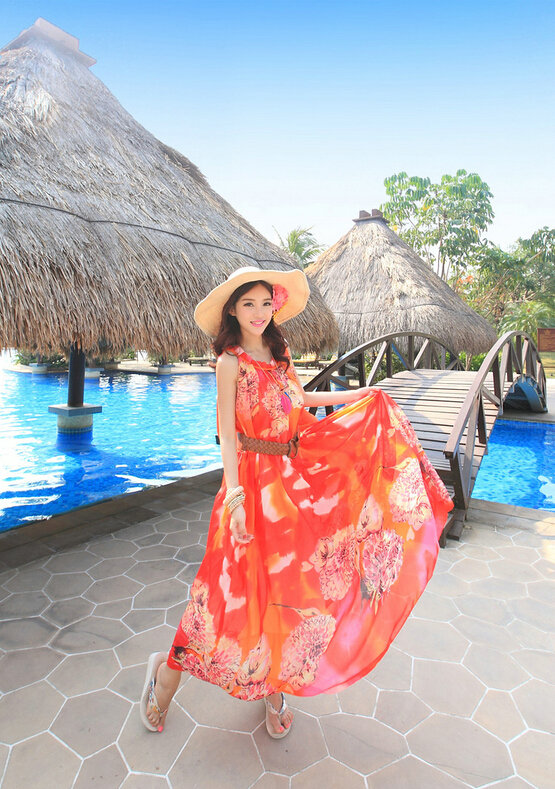 Dresses Summer Women Large Pendulum Printed Beach Long Chiffon Bohemian - Red