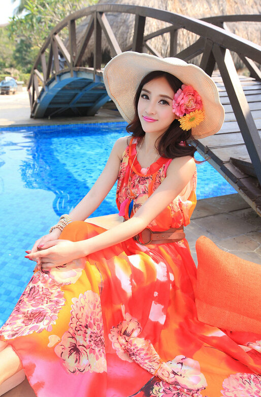 Dresses Summer Women Large Pendulum Printed Beach Long Chiffon Bohemian - Red