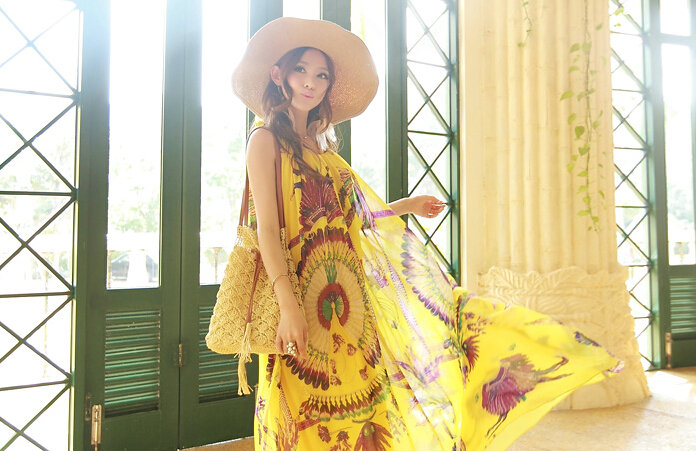 Dresses Summer Women Large Pendulum Printed Beach Long Chiffon Bohemian - Yellow
