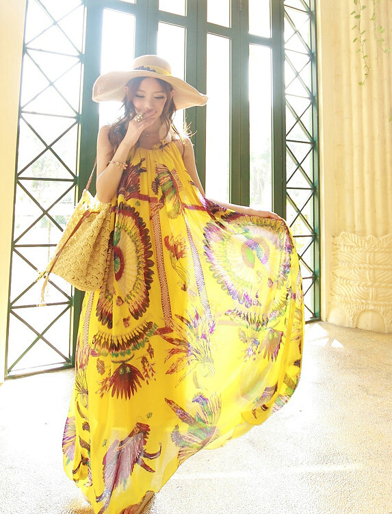 Dresses Summer Women Large Pendulum Printed Beach Long Chiffon Bohemian - Yellow