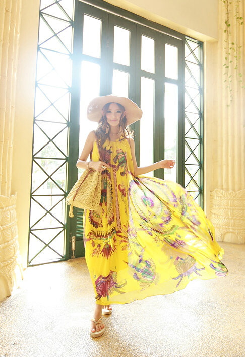 Dresses Summer Women Large Pendulum Printed Beach Long Chiffon Bohemian - Yellow