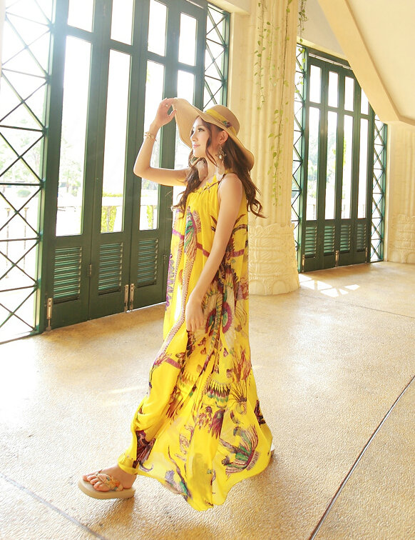 Dresses Summer Women Large Pendulum Printed Beach Long Chiffon Bohemian - Yellow